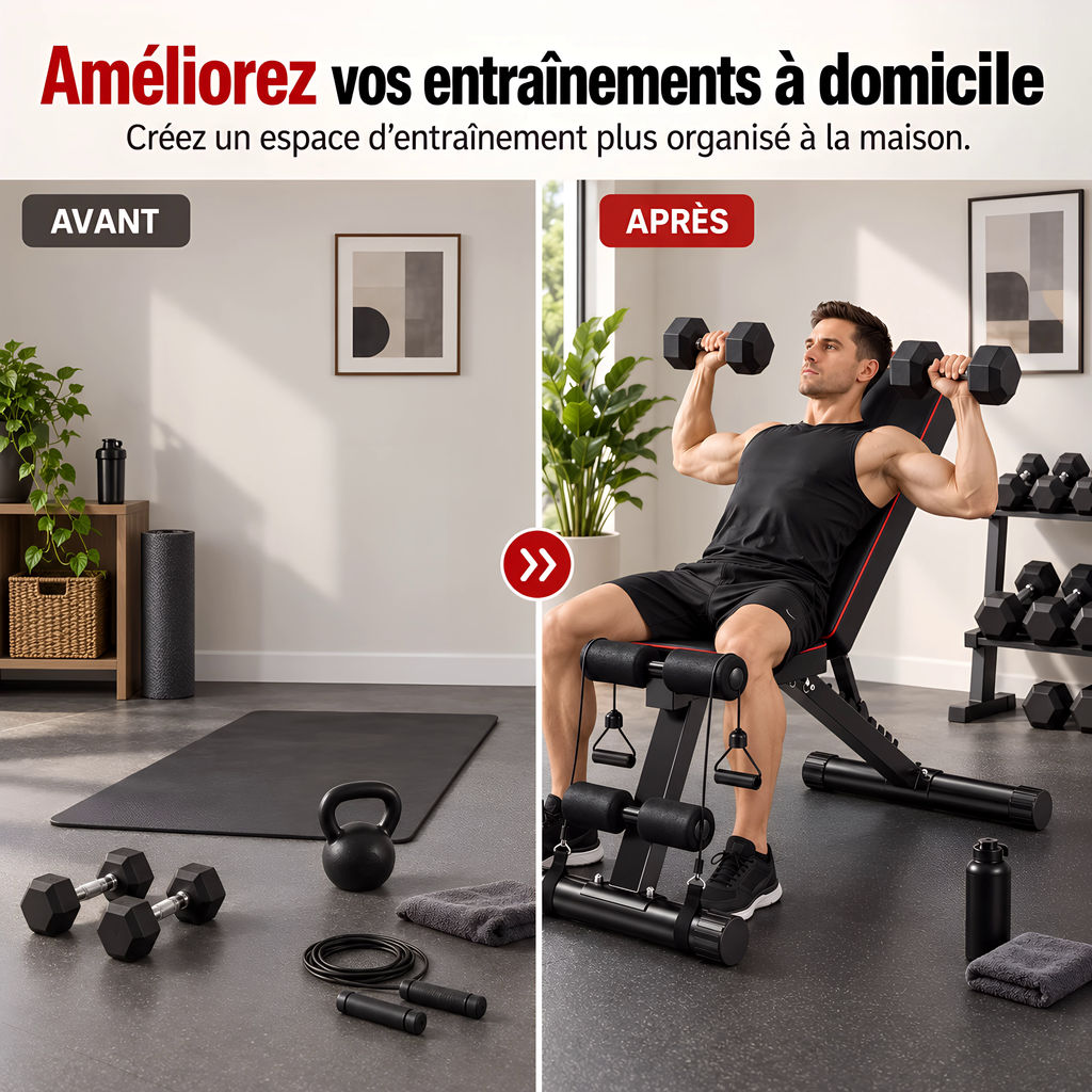 Banc de Musculation Réglable et Pliable – Multi-Positions, Entraînement Force Maison
