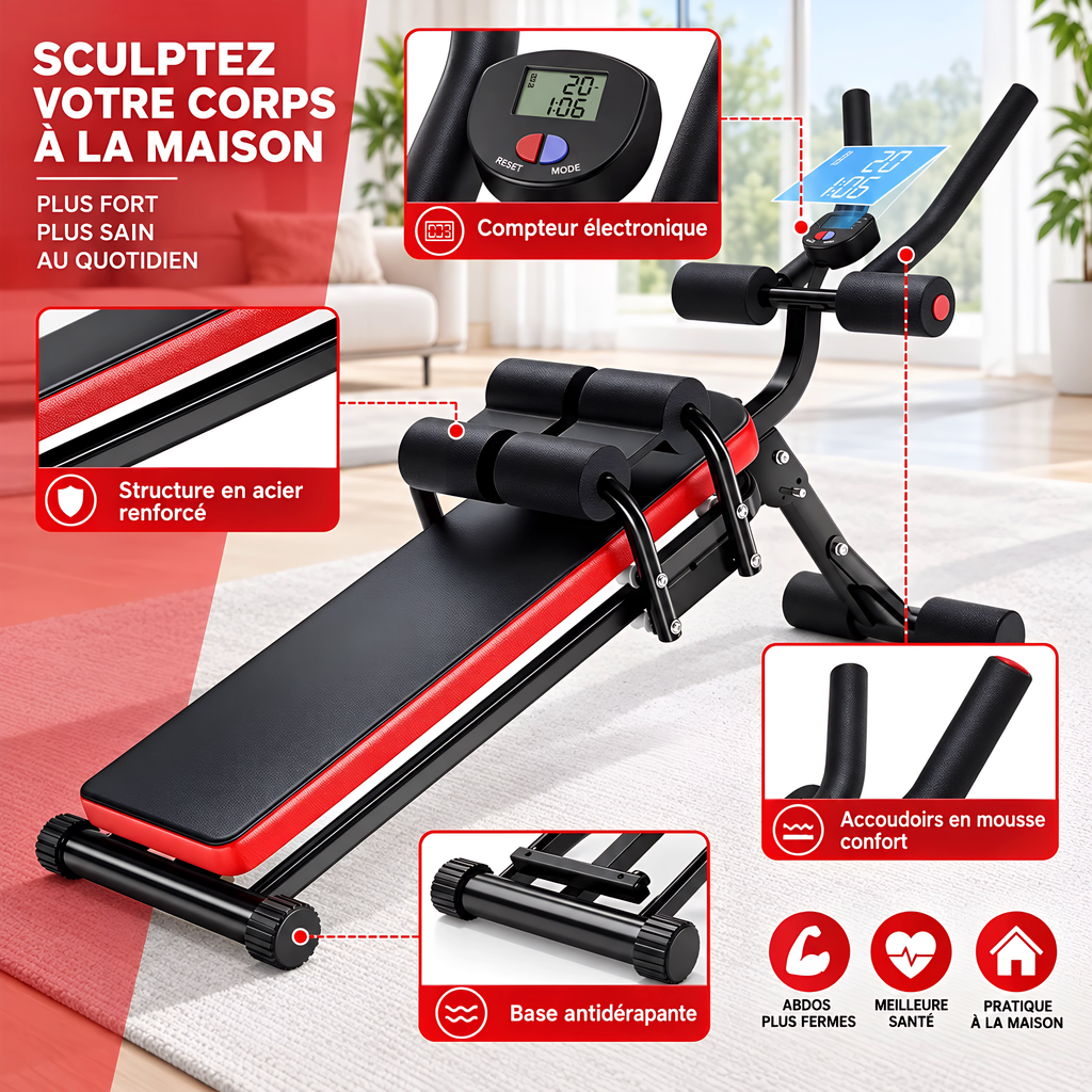 Machine Abdominale Pliable – 4 Roues, Écran LCD, Charge 100 kg, Abdos Jambes Fessiers